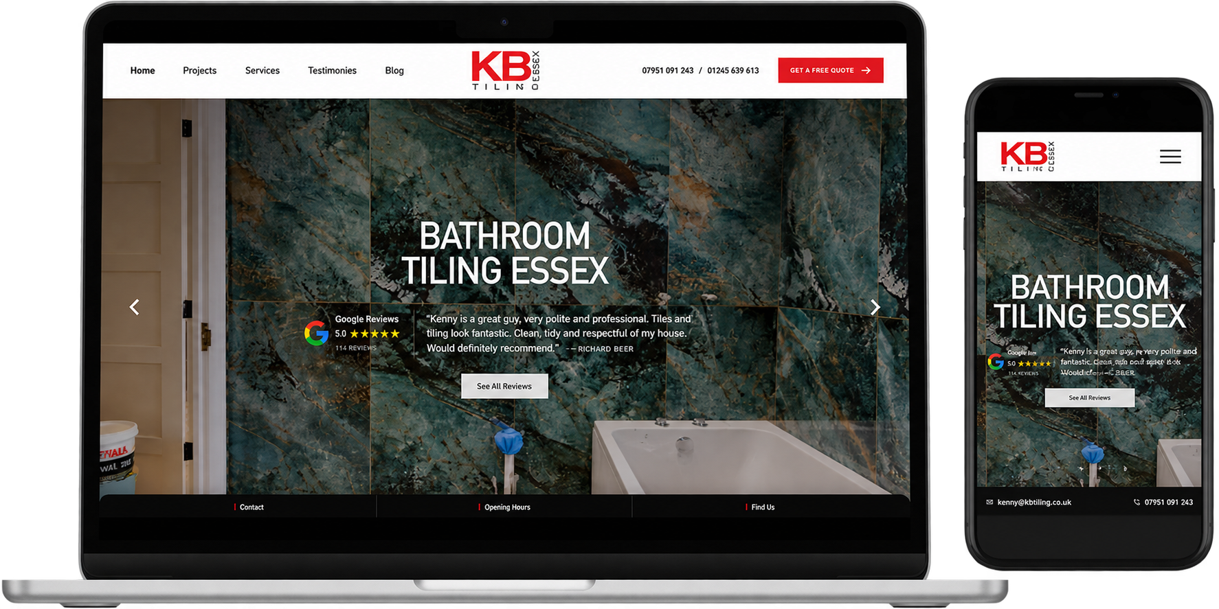 KB Tiling Essex website mockup showing desktop and mobile views