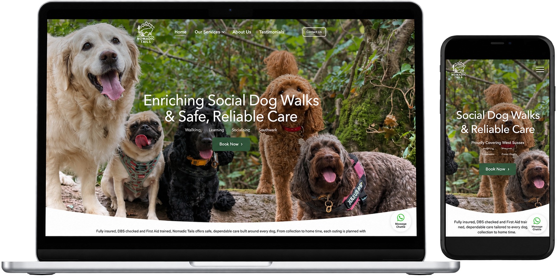 Nomadic Tails website mockup showing desktop and mobile views