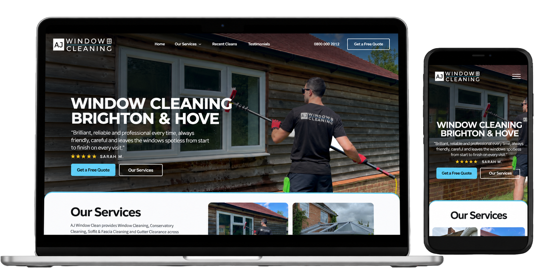 AJ Window Clean website mockup showing desktop and mobile views